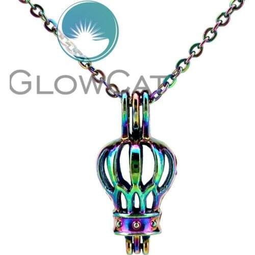 CC536 Rainbow Hot Air Balloon Beads Cage Pendant Aromatherapy Essential Oil Diffuser Oyster Pearl Cage Locket Necklace