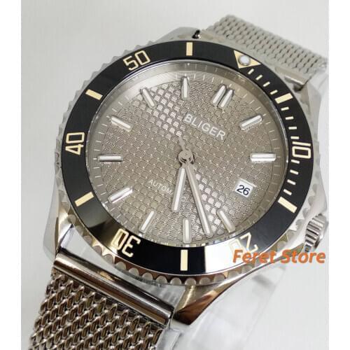 BLIGER 41mm Luxury Type Mechanical Men Watch Grey Dial Sapphire Glass Rotating Bezel Steel Band MIYOTA Movement