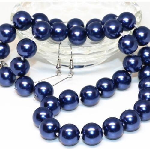 Factory outlet fashion jewelry simulated-pearl shell beads set dark blue round 12mm chain necklaces earrings 18inch B2339