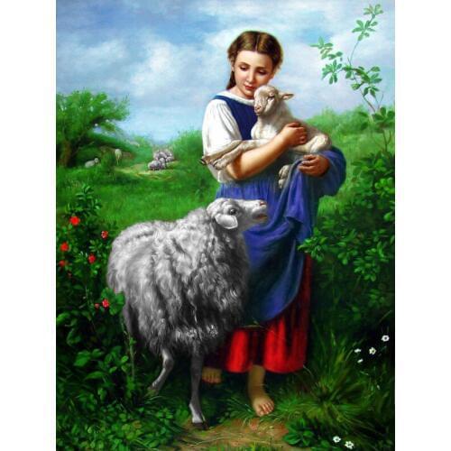 Hot sale worldwide famous art fabric decor picture,gobelin tapestries Marry with sheep size 20x25cm
