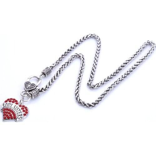 Hot Selling Drop Shipping rhodium plated zinc studded with sparkling crystals SOUL SISTERS heart pendant wheat chain necklace