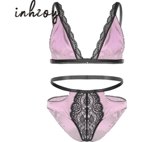 XXL Men Sissy Satin Lingerie Set Gay Hot Sexy Erotic Underwear Lace Trim Bra Tops with Low Rise Briefs Male Intimates Underwear