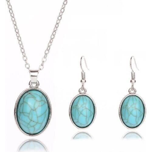 FYJS Unique Anniversary Gift Silver Plated Oval Shape Green Turquoises Stone Pendant Necklace Earrings Fashion Jewelry Sets