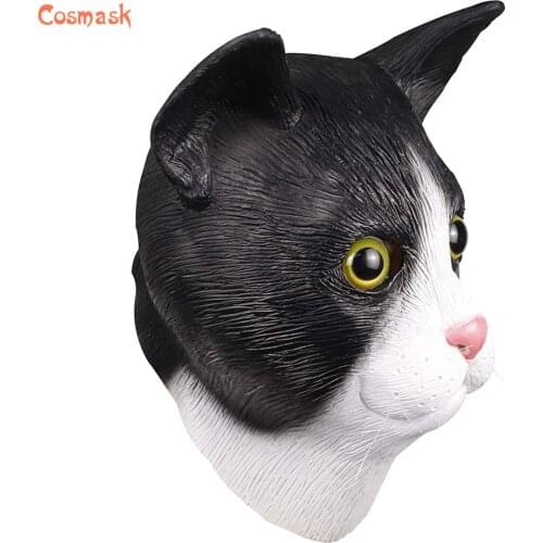 Cosmask Cute Cat Mask Halloween Costume Party Novelty Animal Head Rubber Latex Mask Black And White For Party