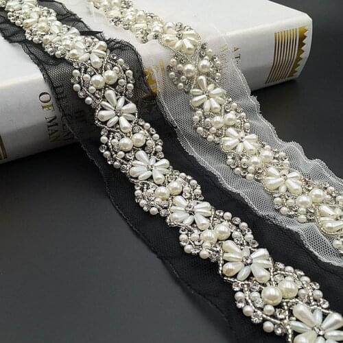 5.8 yards/piece 5.5cm Wide White Beaded Mesh Lace Trim Ribbon Black Pearl Lace For Weddings, Bridal Belt, Wedding Dress, Costume