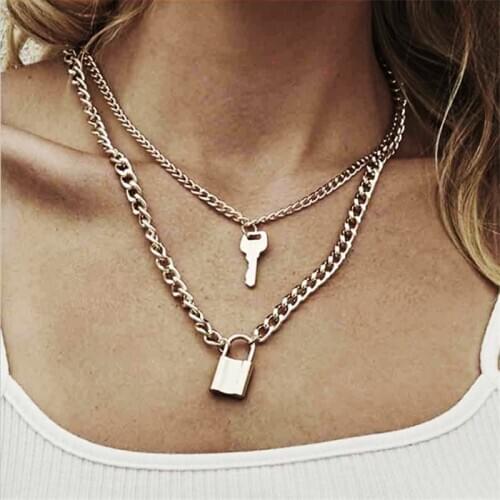 Fashion Key Padlock Pendant Necklace for Women Gold/Silver Color Lock Necklace Layered Chain on the Neck With Lock Punk Jewelry