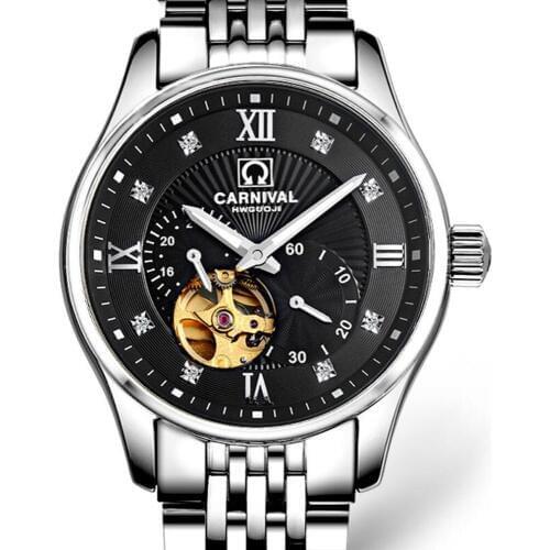 Carvinal Mens Business Waterproof Steel Watchband Automatic Self-Wind Mechanical Watch Wristwatch - silver bezel black dial