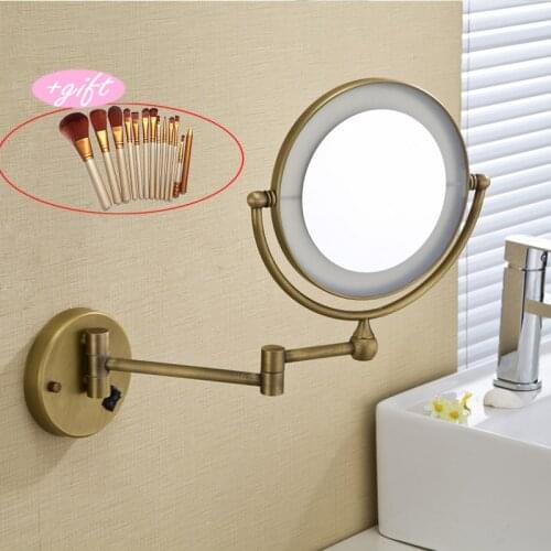 8"LED light Wall Mounted Round 3x Magnifying Mirror LED Bronze Brushed nickel Makeup Mirror make up private mirror with Gift