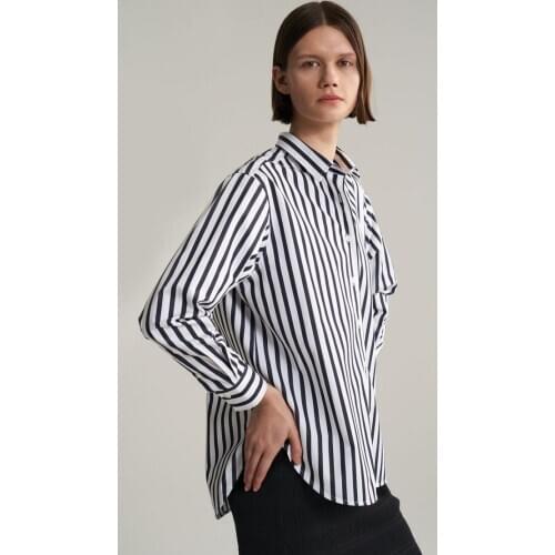 Tote*e fall & spring season striped cotton long sleeve loose style embroidery logo shirt