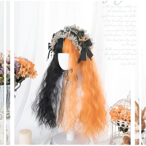 Harajuku Mixed Black Orange Lolita Wig Chic Long Kinky Curly Synthetic Hair Fringe Bangs Adult Girls Halloween Evil Witch