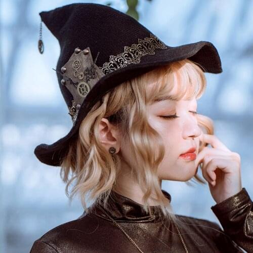 Handmade Punk style Halloween party witch wizard hat Lolita witch hat curved brim woolen hat