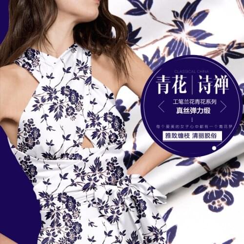 PRINTED SILK STRETCH SATIN 118cm width 19momme Pure Silk Fabric For Sewing Dresses