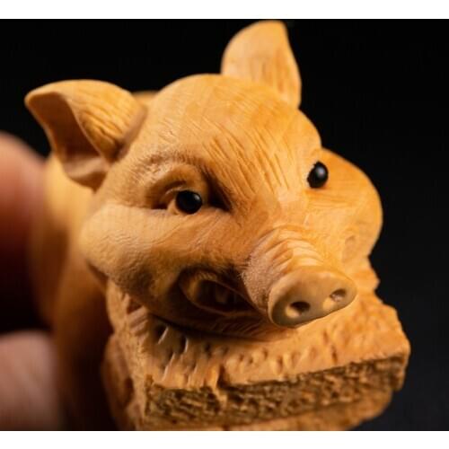 Boxwood 9cm Pig Sculpture Wood Animal Statue Small Diligent Piggy Lucky Home Decor