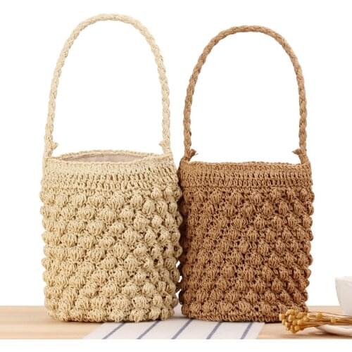 New Cylinder Handmade Straw Women Handbag Cute Bucket Straw Bags For Women Summer Beach Woven Womens Bag Seaside Lady Hand Bag
