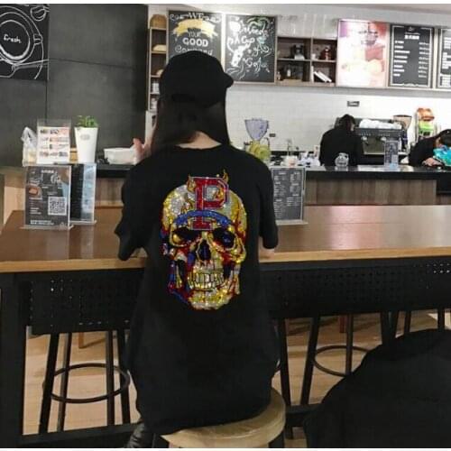 Rhinestones design Skull girls top tees Fashion Streetwear O Neck Short Sleeve women Skulls T shirt hot sale Cotton