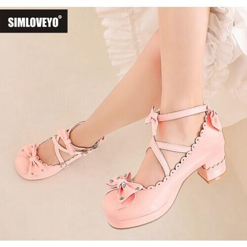 SIMLOVEYO Women Mary Janes Pumps Cute Bowtie Princess Lolita Shoes Ladies Square High Heel Princess wedding Cosplay Big size 48