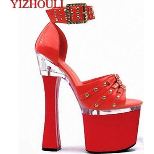 18cm Women Sandals New arrived Thick High Heel Shoes Pumps Sandals With Rivets Buckle Party Wedding Shoes
