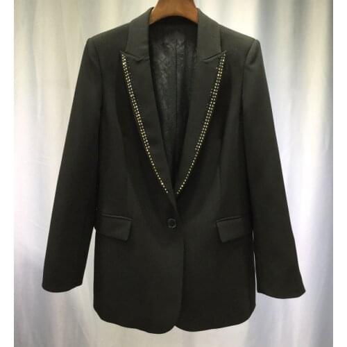 Woman Black Blazer Lapel Collar with Rhinestone Single Button Long Sleeves Fashion Suits 2021SS