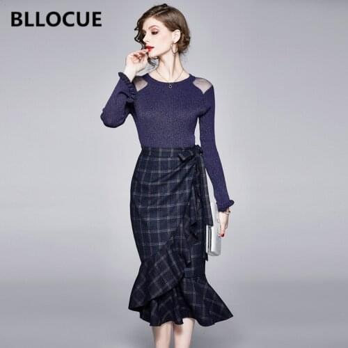 BLLOCUE 2020 Spring Ladies Shoulders Mesh Flare Sleeve Shiny knitting Pullover Top+Ruffles Plaid Mermaid Skirts Set 2 Piece Set