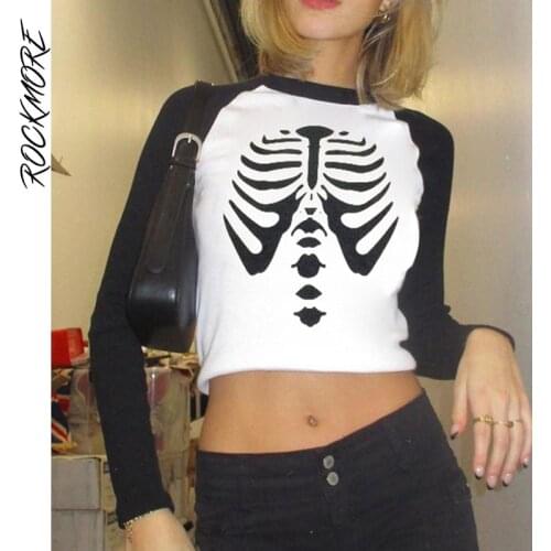 Rockmore Skull Print Crop Top WomenS Long Sleeve T Shirts Y2K Aesthetic Harajuku O-neck Patchwork Tees Vintage Grunge Clothes