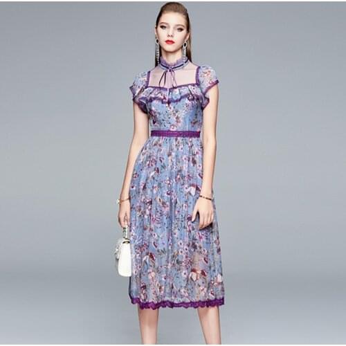 Runway Fashion Summer Flower Dress Women Short Sleeve Gorgeous Mesh Patchwork Floral Print Ruffles Elegant Party Dresses Vestido
