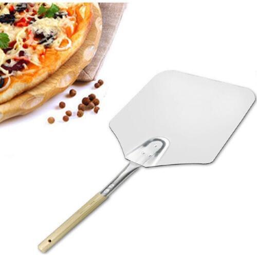 1pc Silver Square Pizza Peel Shovel Aluminum Cake Baking Tools Pizza Lifter with Wood Handle Cheese Peeler for Home Kitchen Tool