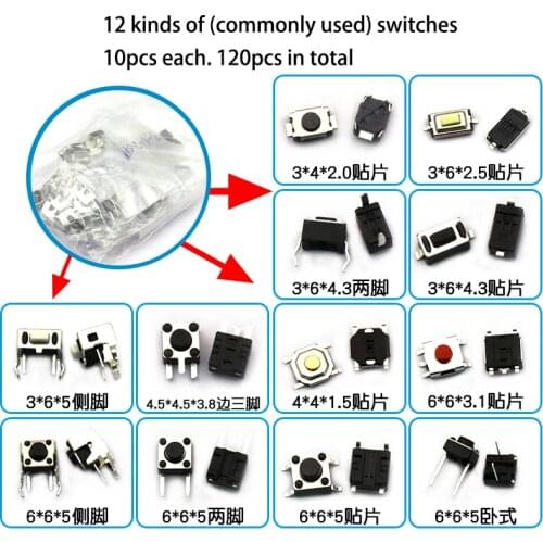 120PCS 12Type Light Micro Touch Switch Set Push Button Switch Kit Assortment Set DIY Tool Accessories Keys Tact ON/OFF