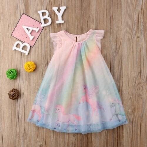 2021 Summer Baby Girls Clothes New Fashion Girl Dress Unicorn Printed Raibow Color Princess Dresses Kids Weet Costumrs Veatidos