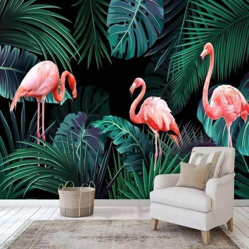 Custom 3D Photo Wallpaper Abstract Green Leaves Flamingo Poster Wall Painting Living Room Bedroom Background Papier Peint Mural
