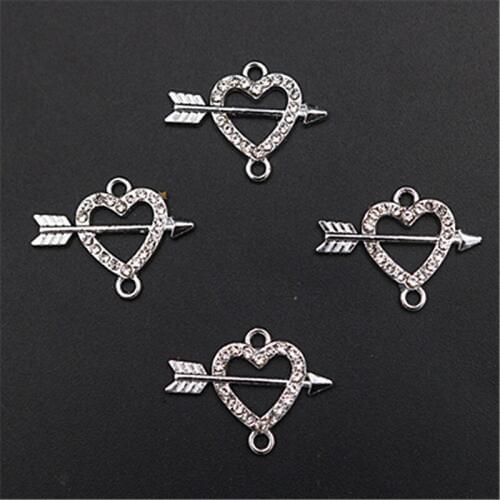 6pcs Silver Color Handmade Rhinestones Arrow Through Heart Alloy Connector Couple Necklace Bracelet DIY Metal Jewelry Findings