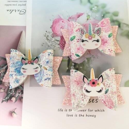 7pcs/lot Unicorn Hair Bows Pink Glitter Grils Hair Clips Sring Summer Hair Accessories Boho Headwear Hair Styling