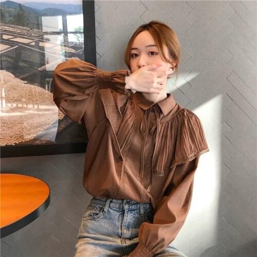 2021 Autumn Fashion Temperament New Blouse Womens Lace Stand-up Collar Pleated Blusa All-match Slim Slimming Shirt KK970