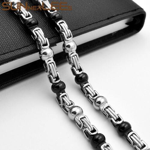 SUNNERLEES Jewelry Stainless Steel Necklace 7mm Black Silver Color Geometric Byzantine Link Chain For Mens Womens SC89 N