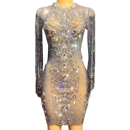 Black Rhinestones Tassel Dresses Perspective Mesh Gauze Above Knee Dress Nightclub Dance Show Wear Party Bar Stage Costume