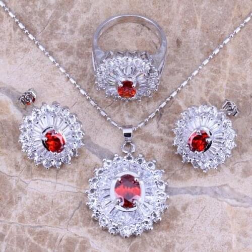 Red Garnet White CZ Silver Plated Jewelry Sets Earrings Pendant Ring Size 6 / 7 / 8 / 9 / 10 S0107