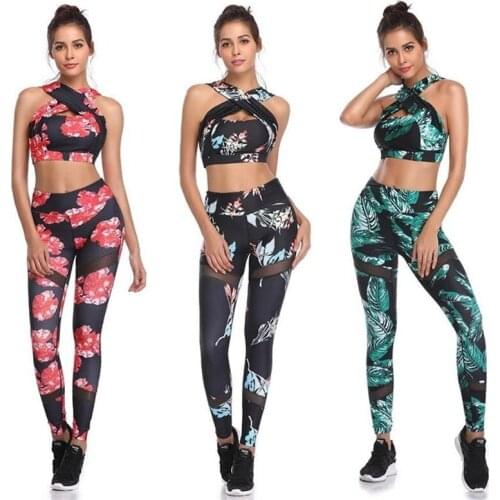 Yoga Clothing Suit 2Pcs Set Printed Splicing European American Sports Fitness Pants Outdoor Running Seamless Bra Leggings E32