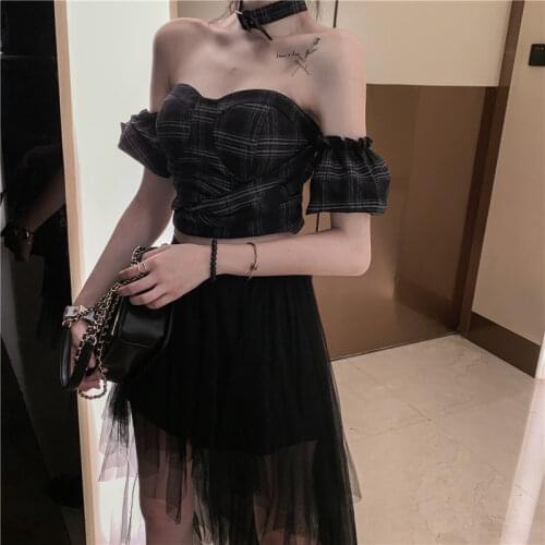 Summer Two Pieces Retro Dress Suits Puff Sleeve Plaid Strapless Cropped Tops Shirt&Irregular Mesh Skirt Sets Sexy 2pc Skirt Suit