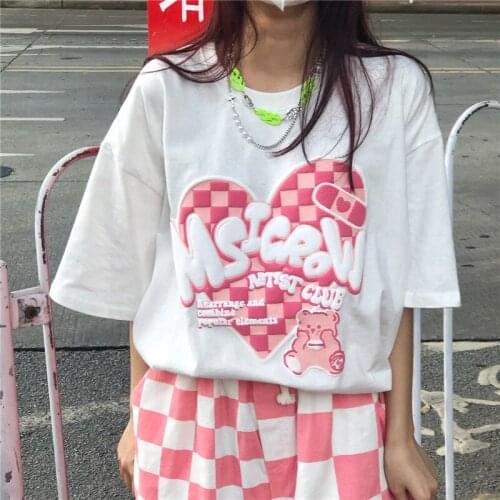 Japanese Style Heart Print Summer Ulzzang Fashion Oversized Cartoon T-shirt Causal All-match Top Ladies Short Sleeve Shirt Tee