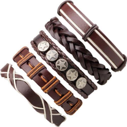 MKENDN 5PCS/Set Mens Bracelets Punk Leather Weave Black Coffee Multilayer Adjustable Man Jewelry Vintage Star Bracelets Bangles