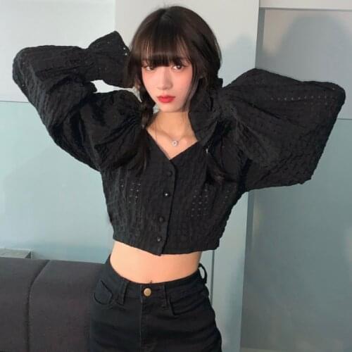 JMPRS Fashion Puff Sleeve Women Shirts Sexy V Neck Black Hollow Out Korean Crop Tops Autumn Slim Ladies Designed Button Up Tops