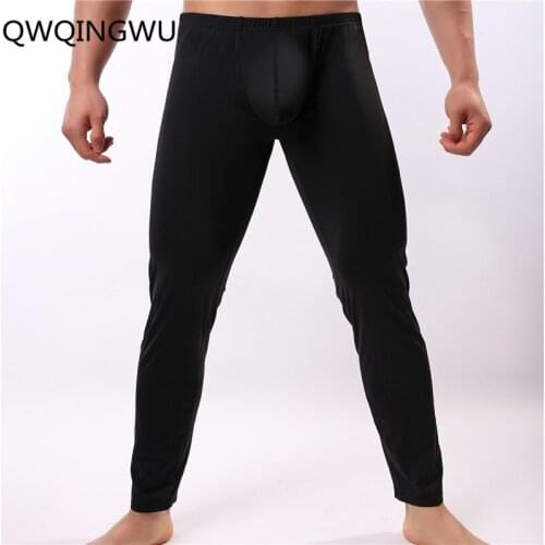 Men Long Johns Sexy Ice Silky U Convex Mens Under Pants Bottoms Pajama Middle Waist Tight Legging Pouch Warm Long Johns