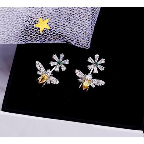 2020 New Flower / Bee Shiny Crystal CZ Female Earring Wedding Ball Party Friends Popular Gift Animal Jewelry