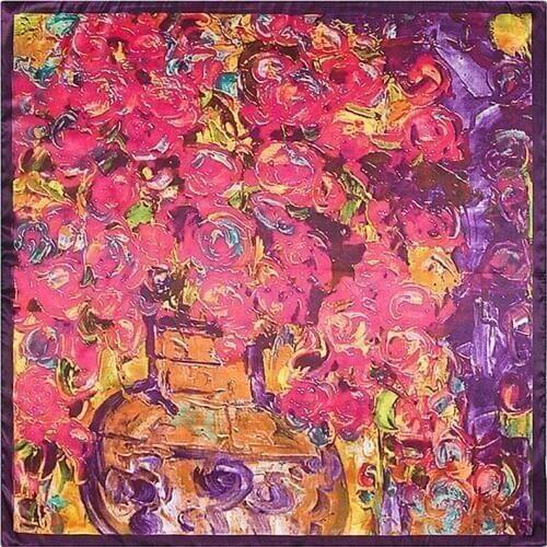 2017 New Design Painting Rose Flower Bandana Square Silk Scarf Soft Women Foulard Autumn Female Hijab Ring Shawl 90*90cm M247