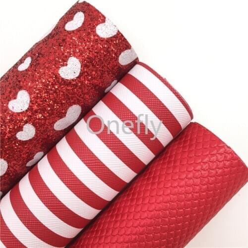 Onefly 21X29CM Stripes Hearts Printed Glitter Leather, Mermaid Faux Leather Sheets For Bow DIY handbags shoes AQ033