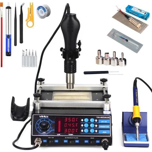 YIHUA 853AAA 3 in1 Bga Rework Soldering Station 650W SMD Hot Air Gun+ 60W Soldering Irons +500W Preheating Station Welding tools