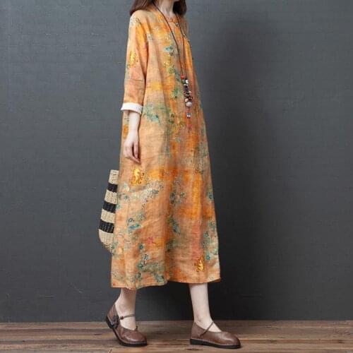 Improved Loose Large Size Cotton Linen Art Female Cheongsam Chinese Button Printed Long-sleeved Drawstring A-line Dress of Women
