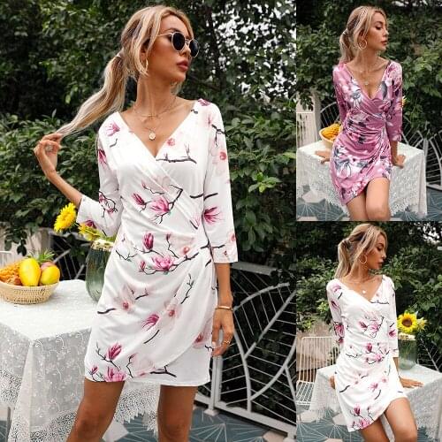 Slim Sexy Dress Womens Fashion Dashiki V-Neck Five-Point Sleeve Mid Skirt 2021 Summer New Home Clothes Ladies Seaside Vacation