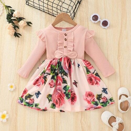 18M-6Y Kids Girls Casual Dress Floral Stitching Long Sleeve Ruffled Dress Spring Autumn O-neck Mid-length Ribbed A-line Dress