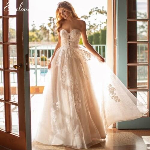EVALOVE Romantic Strapless Backless Bride A-Line Wedding Dress Luxurious Beading Appliques Lace Court Train Princess Bridal Gown