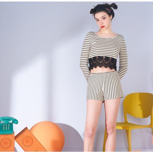S013 Summer women thin long-sleeved shorts round neck sexy simple homewear pajamas pyjama set
